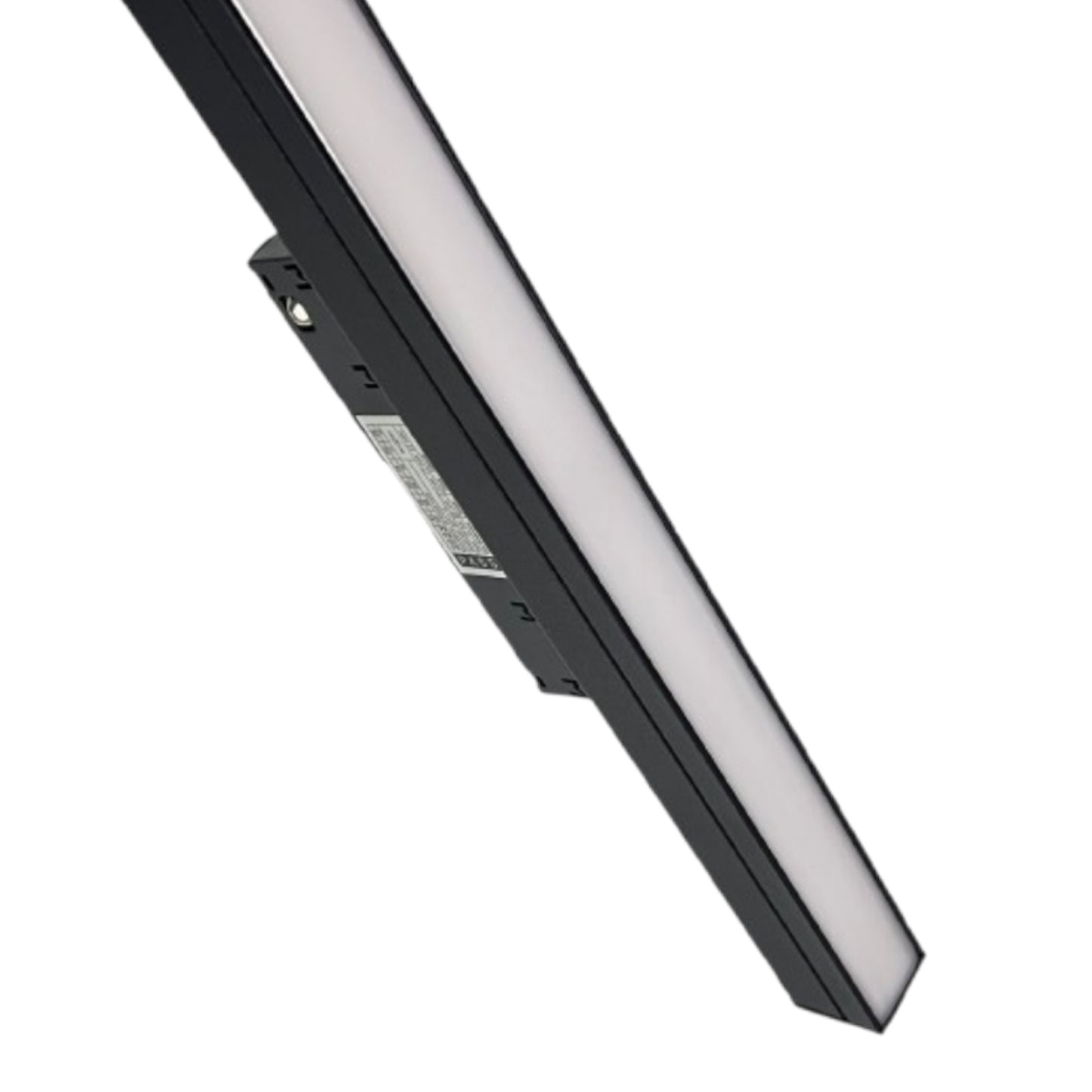 A slim rectangular LED light bar or panel shown diagonally on a plain white background, with a black housing and a bright white illuminated face.