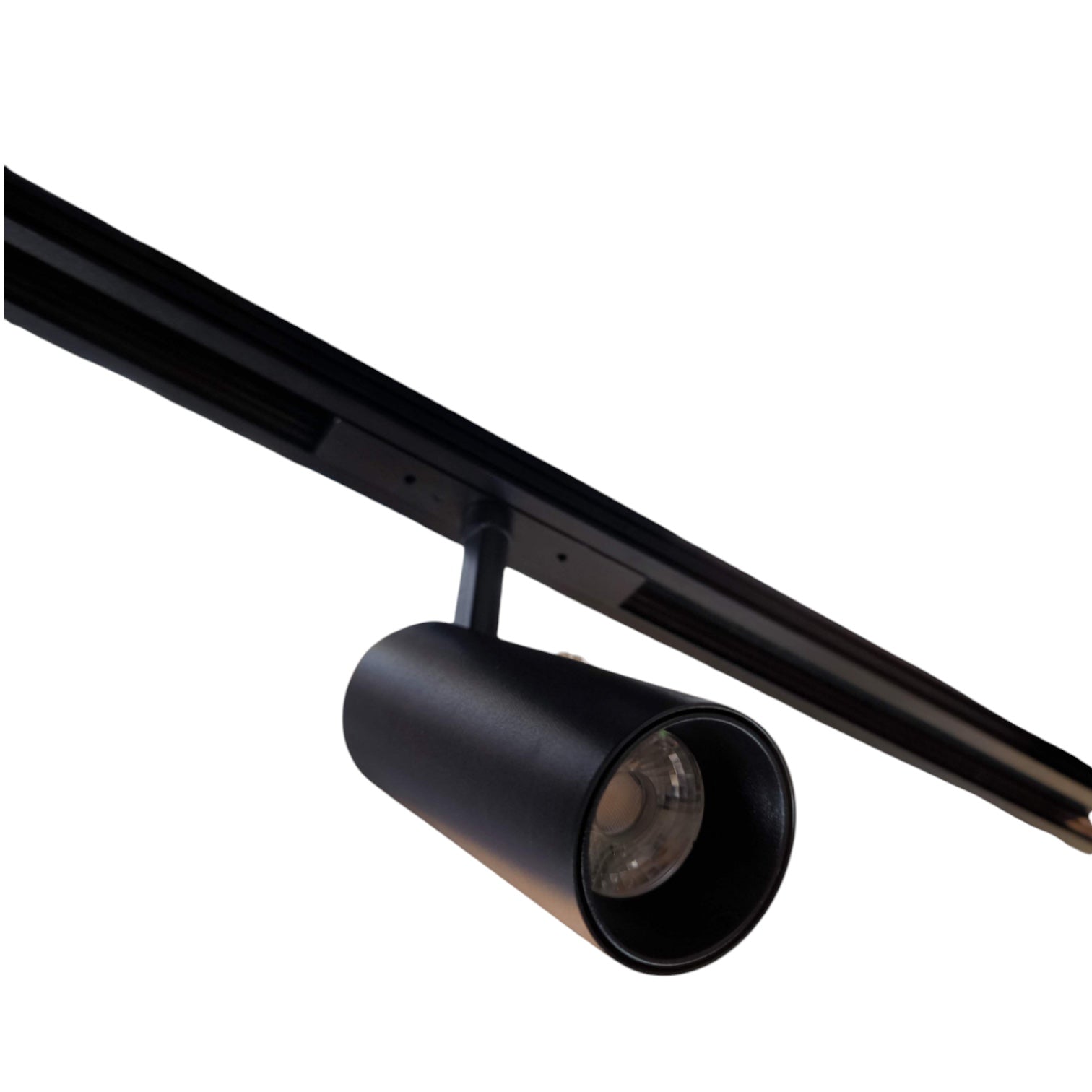 A modern black track lighting fixture with a cylindrical spotlight head mounted on a slim black metal track, shown against a plain white background.