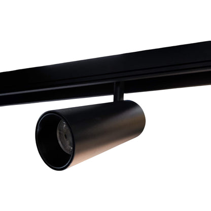 A modern black cylindrical track spotlight mounted on a black metal track bar against a solid white background.
