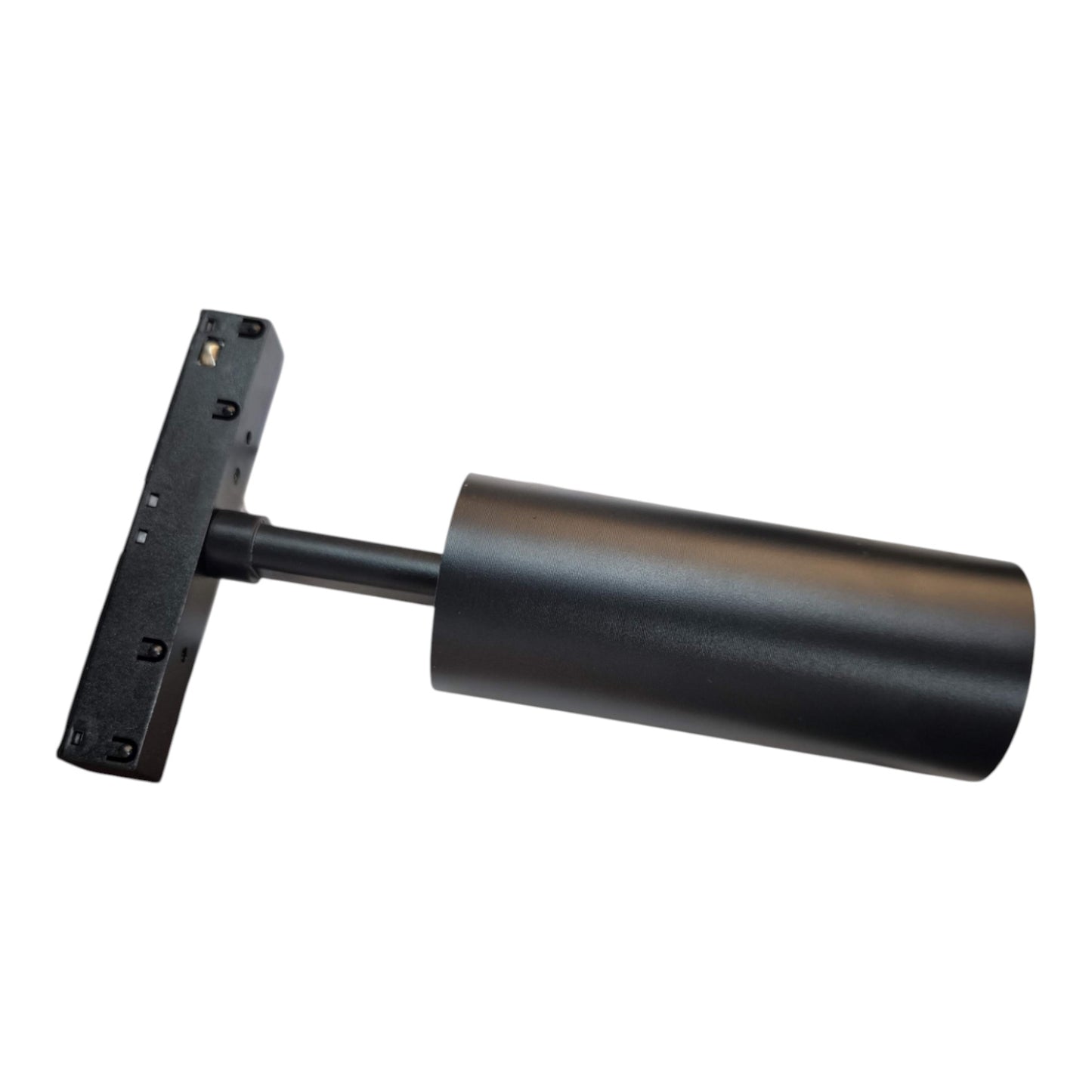 A black cylindrical ceiling light fixture with a mounting bracket, shown on a plain white background.