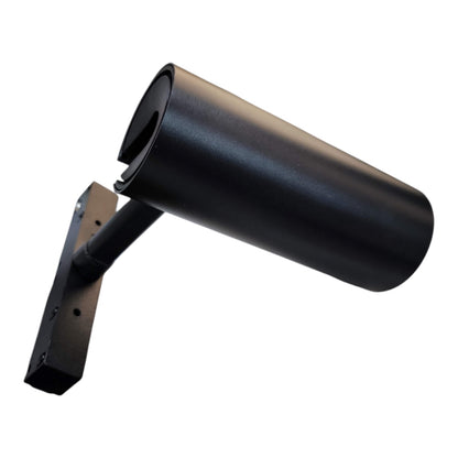 A matte black metal cylindrical wall mount bracket, likely for a security camera or light fixture, shown against a plain white background.