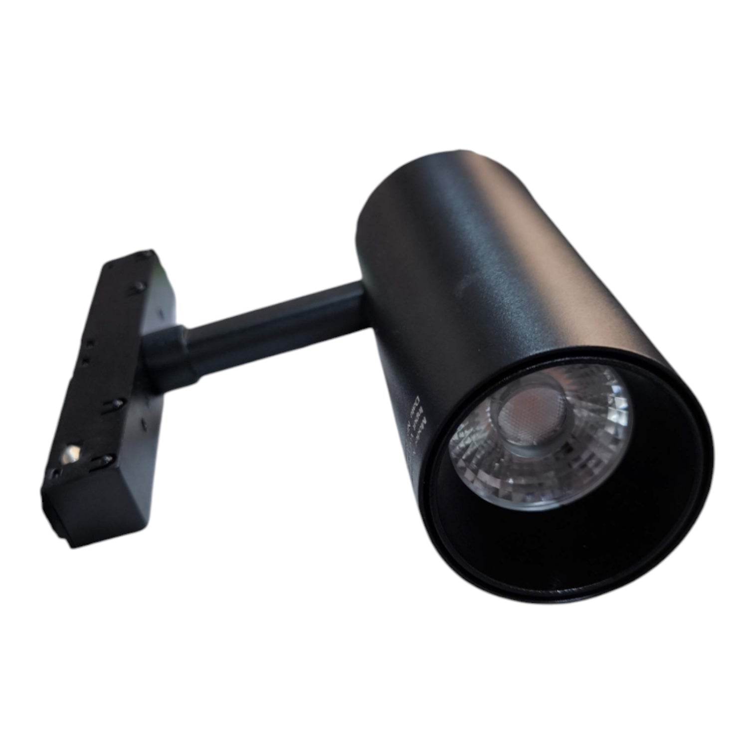 A black cylindrical LED track spotlight with a mounting bracket, shown against a plain white background.