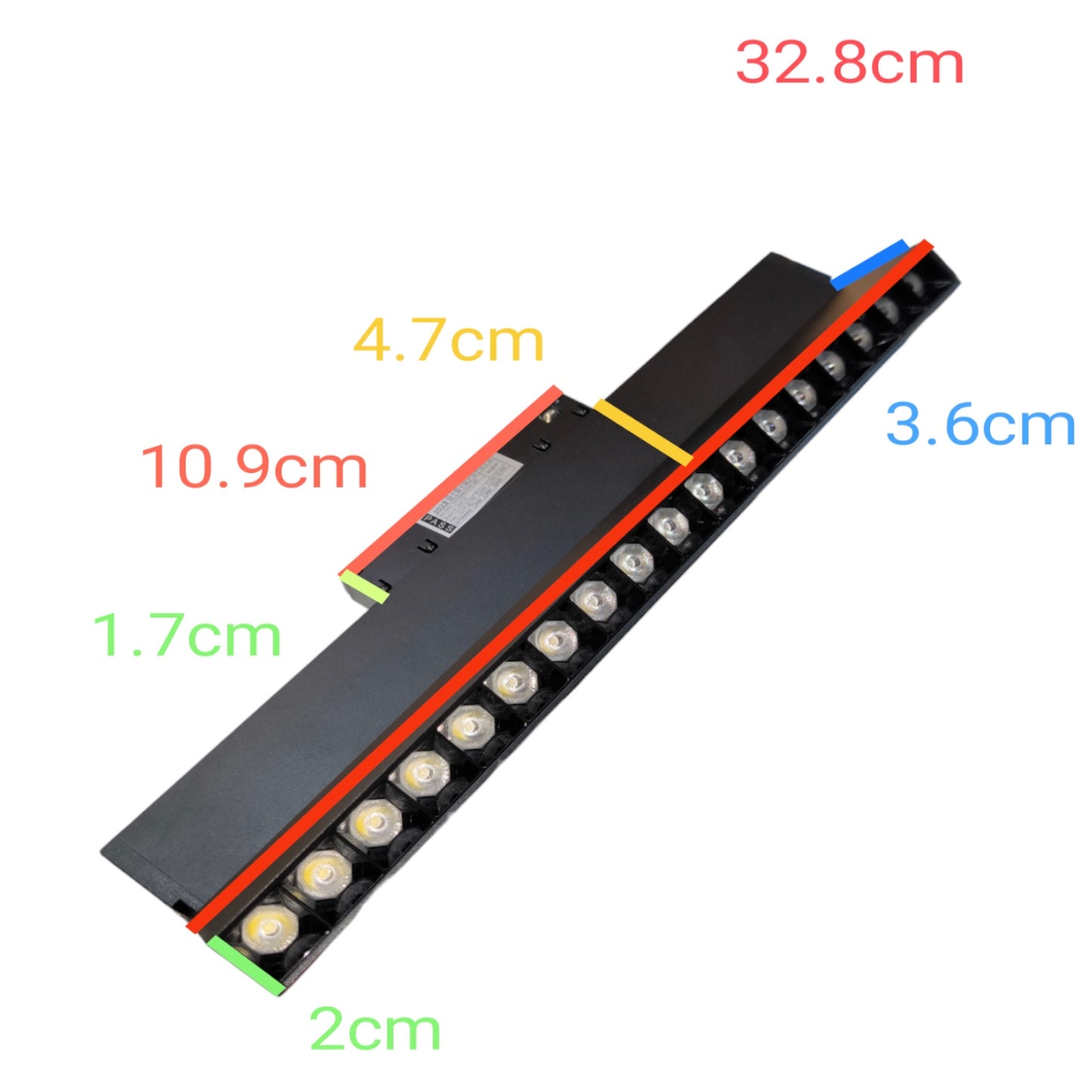 A black LED light strip with multiple circular bulbs, shown on a white background with red, yellow, green, and blue measurement labels indicating dimensions.