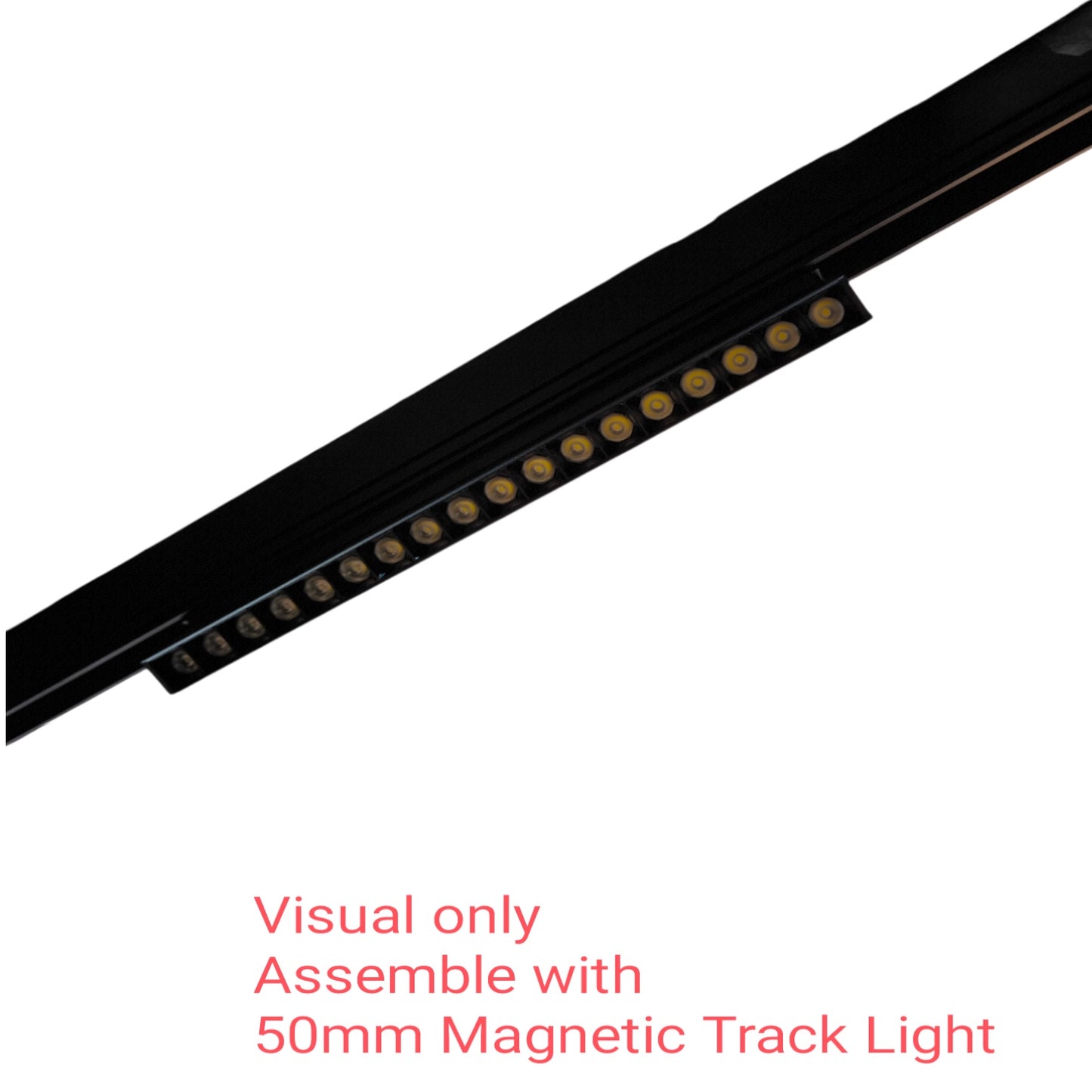 A close-up of a black linear track light strip with multiple small gold LED lenses, shown on a white background with red text reading 'Visual only Assemble with 50mm Magnetic Track Light'.