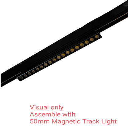 A close-up of a black linear track light strip with multiple small gold LED lenses, shown on a white background with red text reading 'Visual only Assemble with 50mm Magnetic Track Light'.