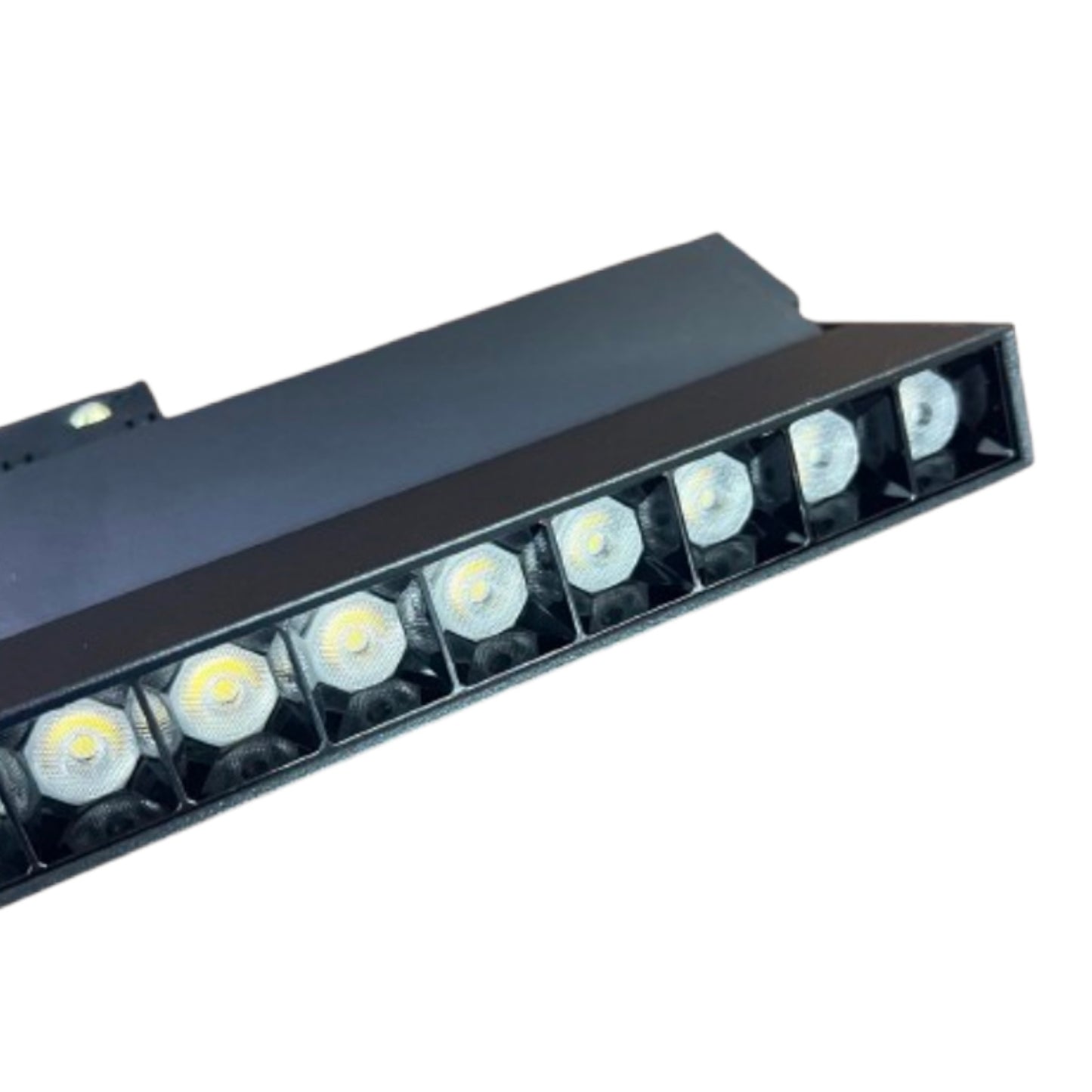 A black metal LED light bar with multiple circular LED chips visible on the front, shown against a plain white background.