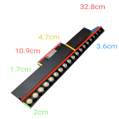 A black LED light strip with multiple circular bulbs, shown on a white background with red, yellow, green, and blue measurement labels indicating dimensions.