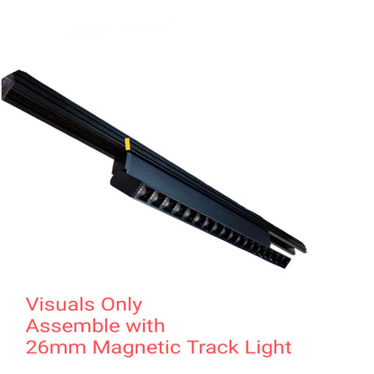 A long black magnetic track light rail shown diagonally on a white background with red text reading 'Visuals Only Assemble with 26mm Magnetic Track Light'.