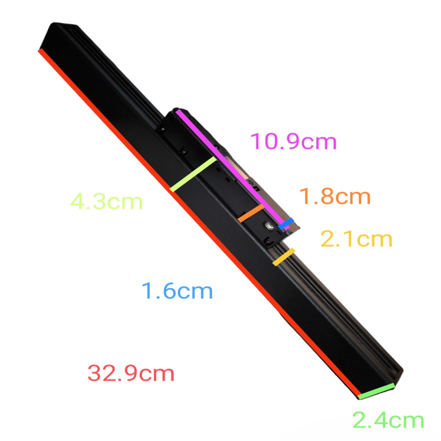 A black linear rail or guide rail shown diagonally on a white background with overlaid dimension labels in multiple colors indicating measurements such as 10.9cm, 4.