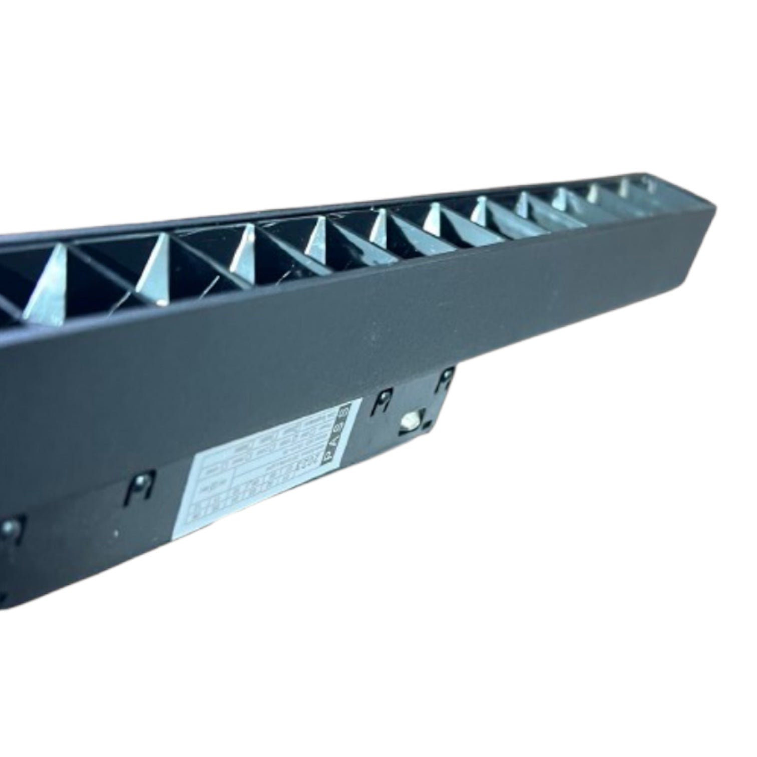 A black metal linear guide rail with a ribbed surface and a silver specification label, shown on a plain white background.