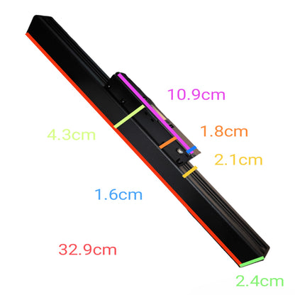 A black linear rail or guide rail shown diagonally on a white background with overlaid dimension labels in multiple colors indicating measurements such as 10.9cm, 4.