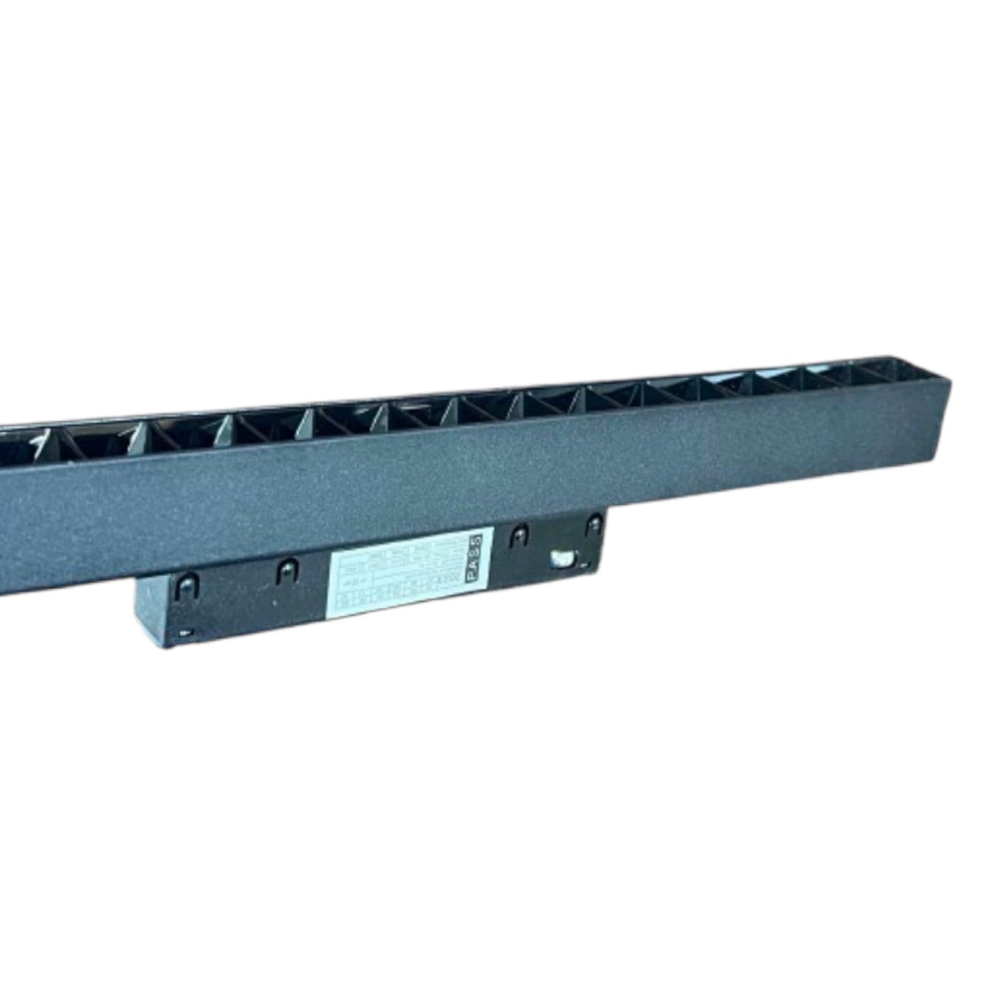 A long, narrow black metal track or channel component with a textured surface, mounting holes, and a small white label, photographed on a plain white background.