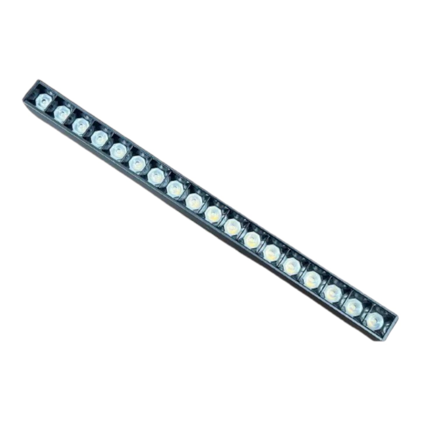 A 16 LED linear light bar with a black rectangular housing and clear lenses, shown diagonally on a plain white background.