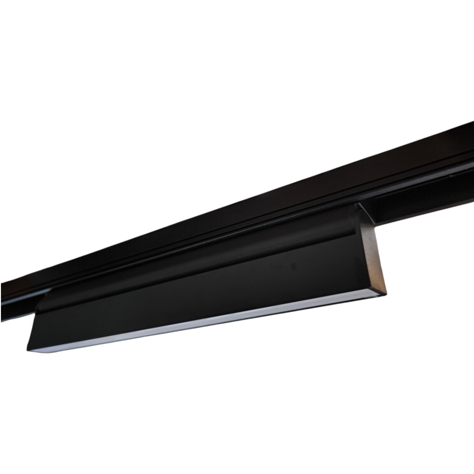 A close-up of a modern linear LED light bar in a matte black finish, shown against a solid white background.