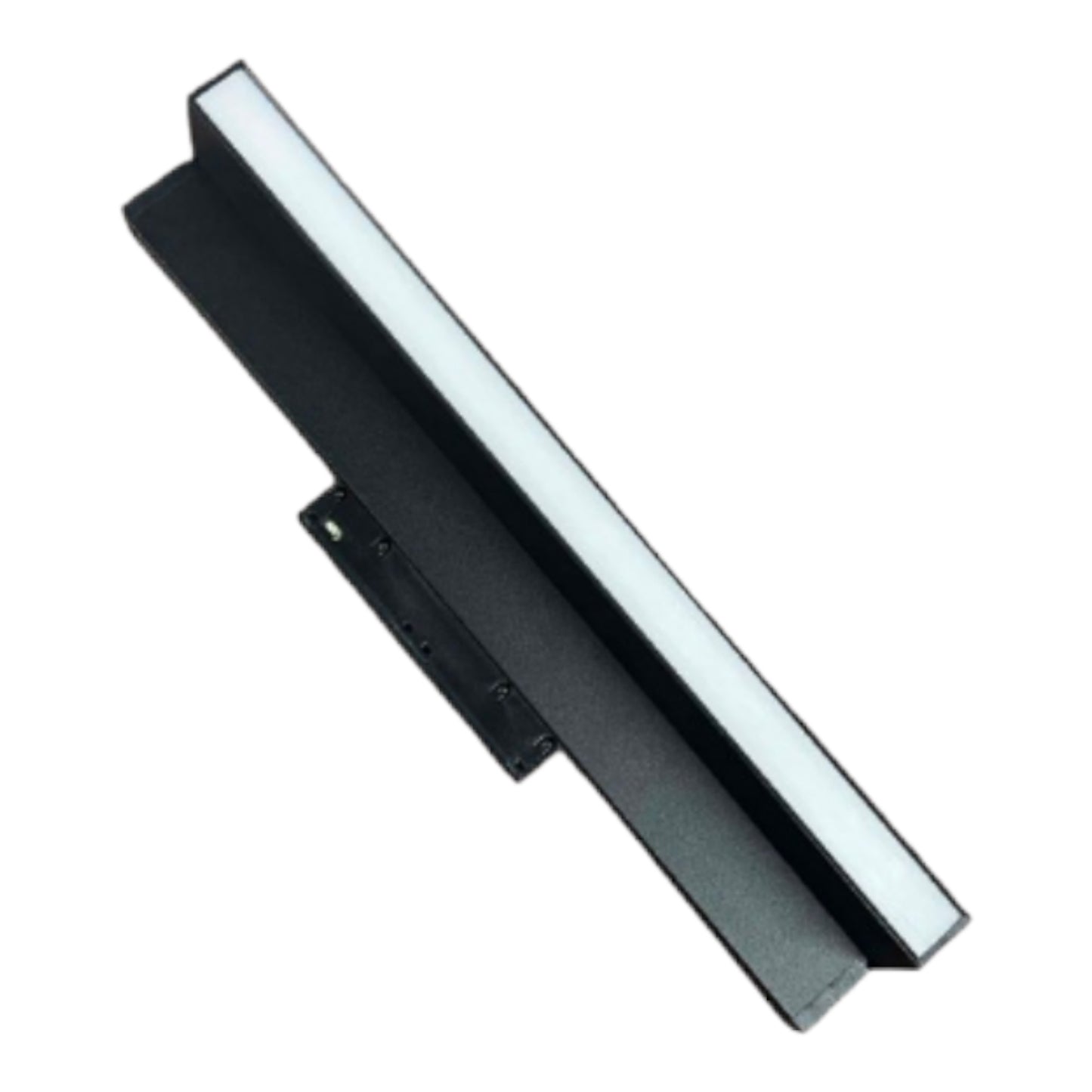 A linear LED light bar with a black metal housing and a bright white diffuser, shown at an angle on a plain white background.
