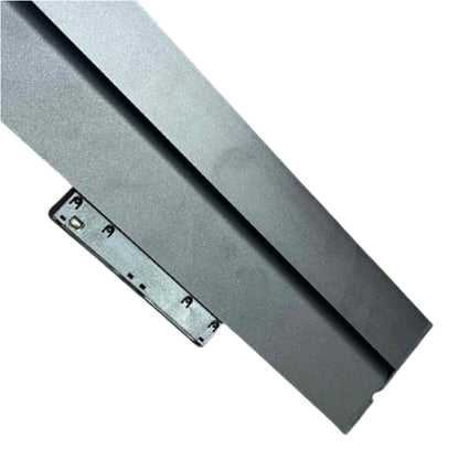 A close-up of a dark gray metal track or guide rail with a small mounting bracket attached, shown on a plain white background.