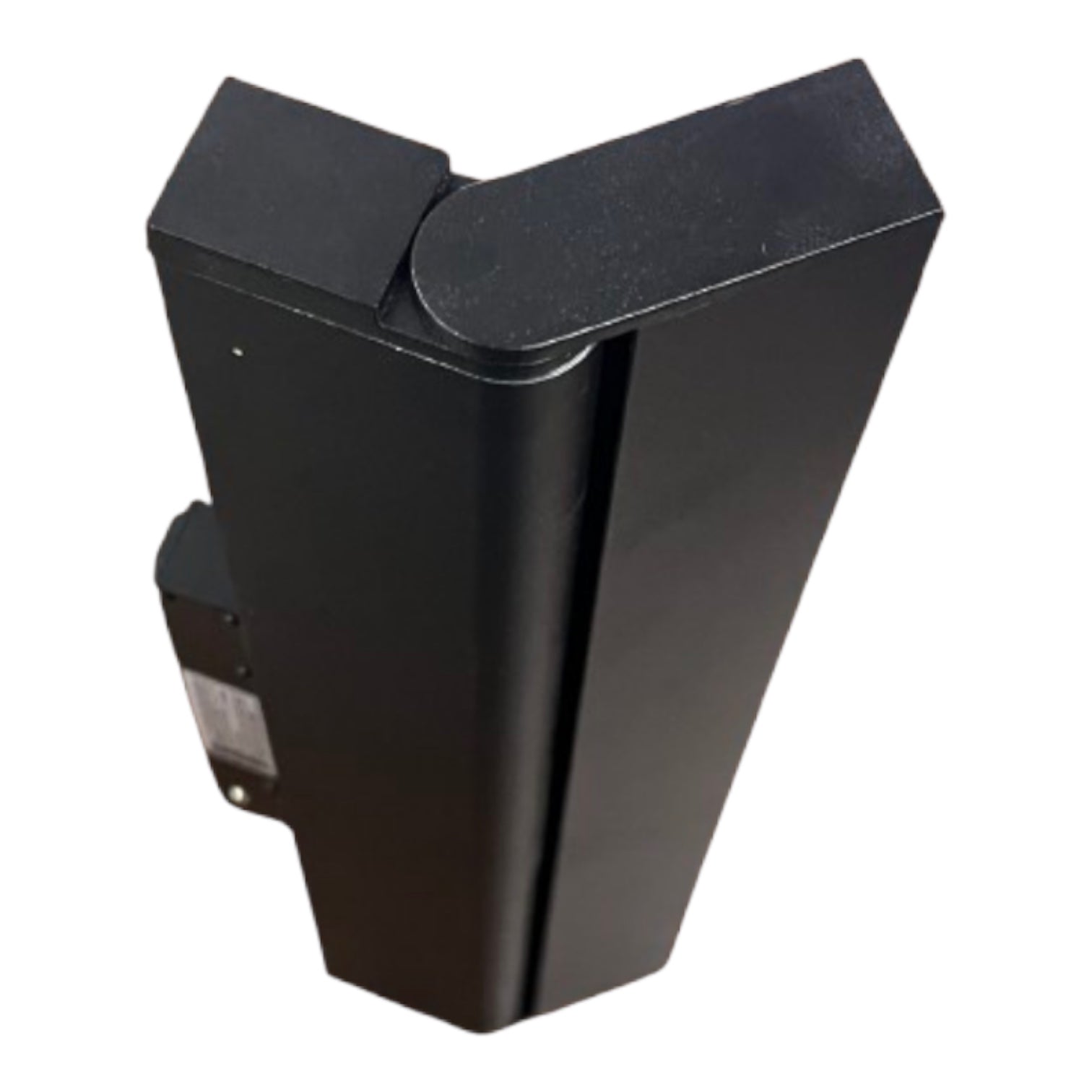 A black metal mounting bracket or hardware component with a triangular prong design, shown on a plain white background.