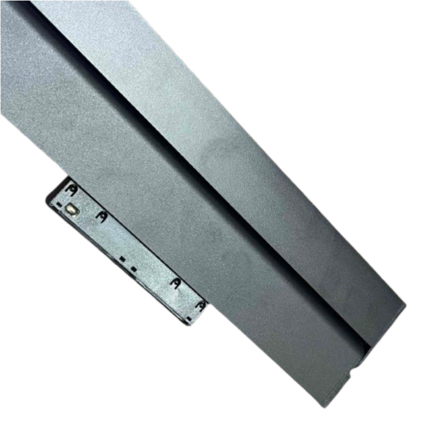 A close-up of a dark gray metal track or guide rail with a small mounting bracket attached, shown on a plain white background.