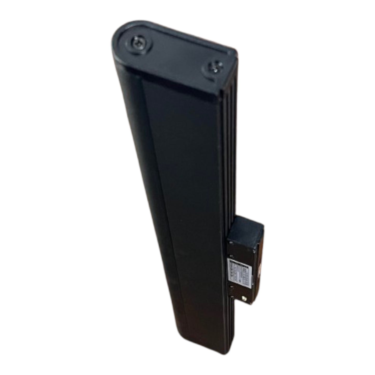 A black metal door stopper or barrier arm with a small attached control box, shown on a plain white background.
