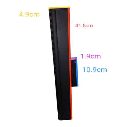 A tall black rectangular panel shown on a white background with overlaid dimension labels in yellow, red, pink, and blue indicating measurements of 41.5 cm, 10.