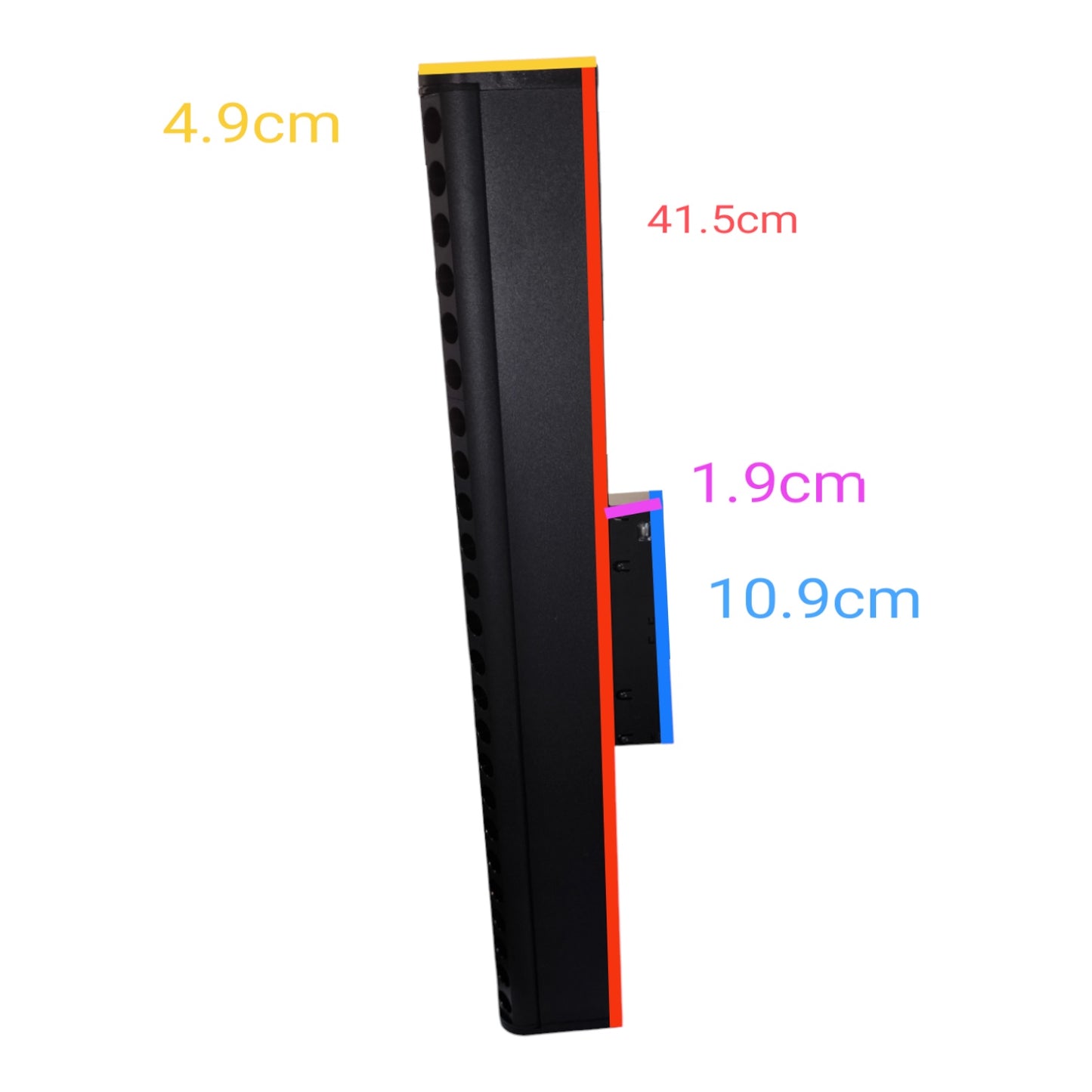 A tall black rectangular panel shown on a white background with overlaid dimension labels in yellow, red, pink, and blue indicating measurements of 41.5 cm, 10.