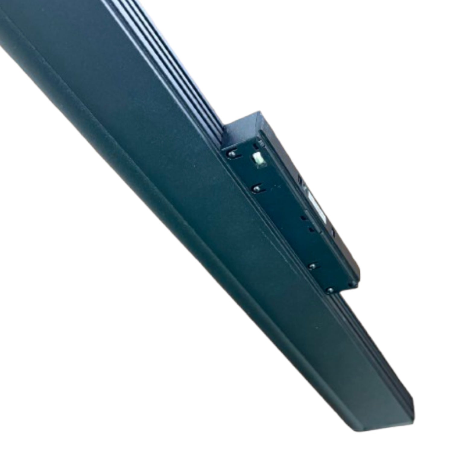 A close-up of a dark gray metal mounting bracket or hardware component with a ribbed side and a small attached rectangular module, shown against a plain white background.