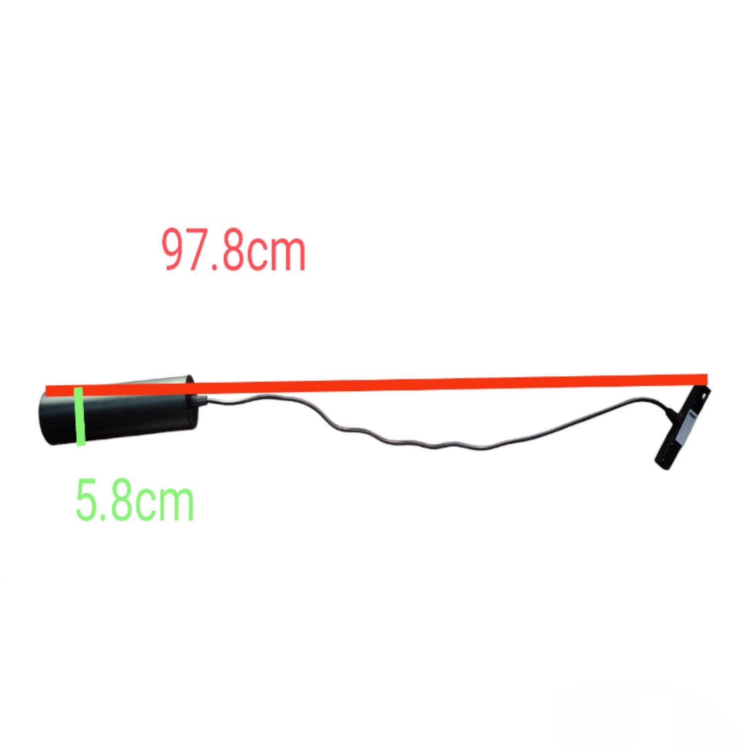 A long black cylindrical pump with a red hose extending to the right and a black T-handle end, shown on a white background with red text reading 97.8cm and green text reading 5.