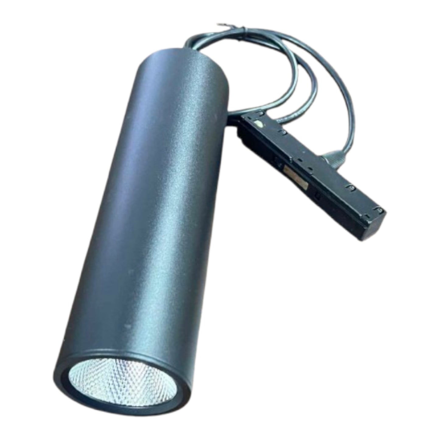 A cylindrical black metal track spotlight with a textured reflective interior and an attached black wiring bracket with wires, shown on a plain white background.