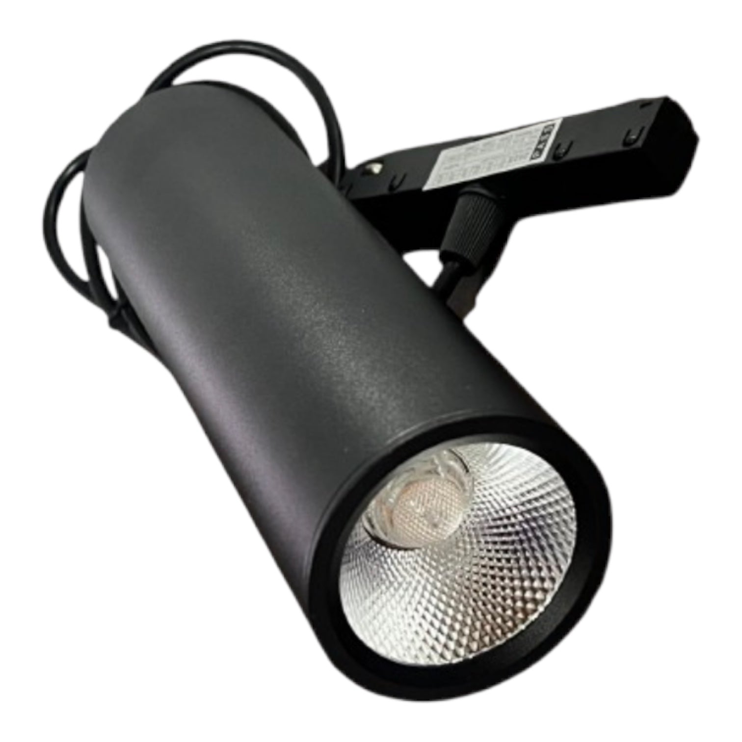 A black cylindrical track spotlight with a silver reflective interior and a black mounting bracket, shown on a plain white background.