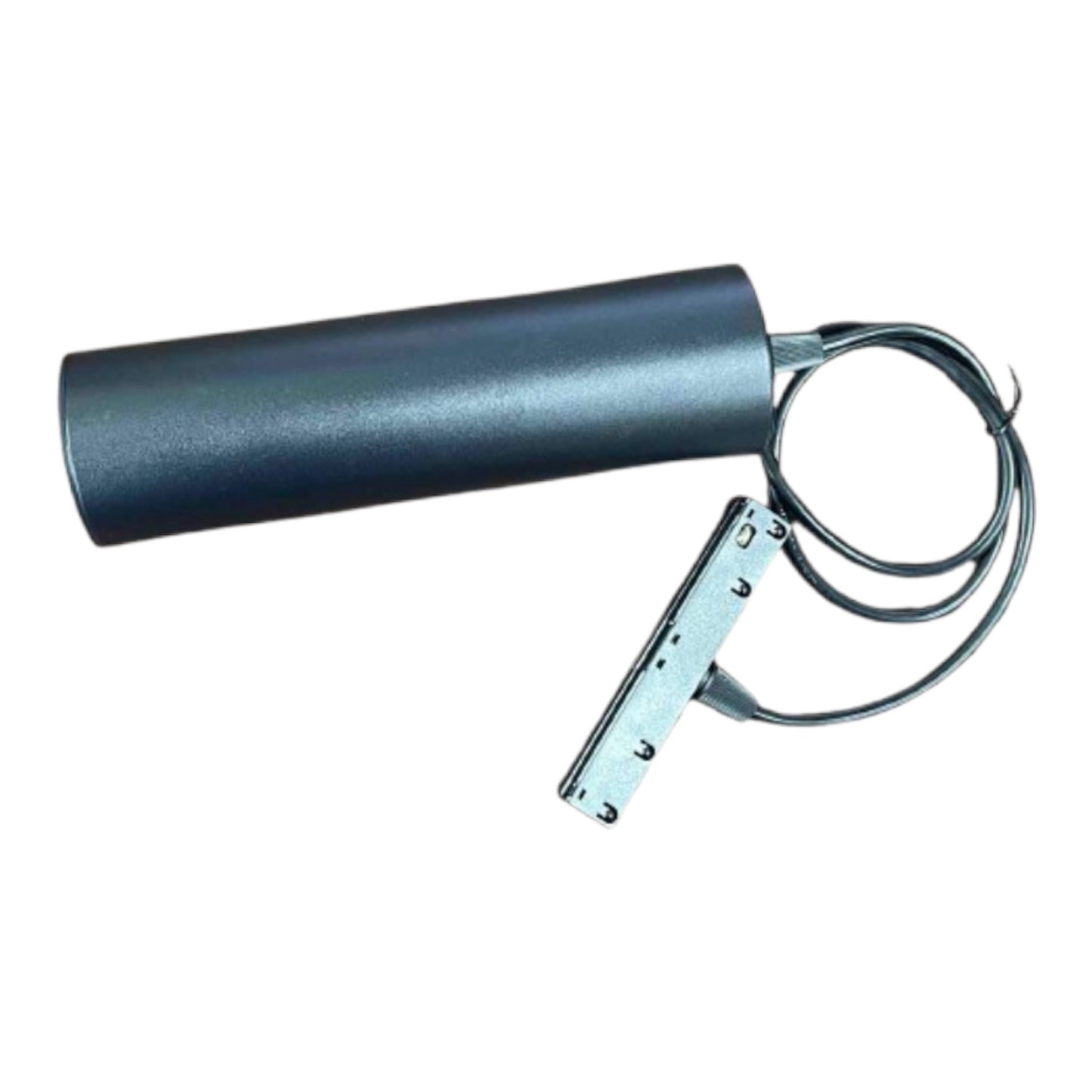 A dark gray cylindrical electronic component with attached metal wires and a small silver connector block, isolated on a white background.