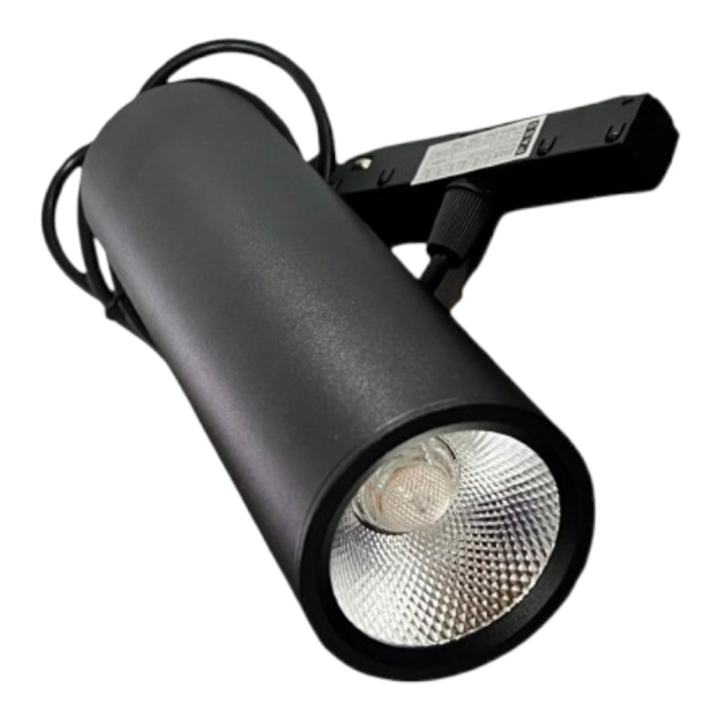 A black cylindrical track spotlight with a silver reflective interior and a black mounting bracket, shown on a plain white background.