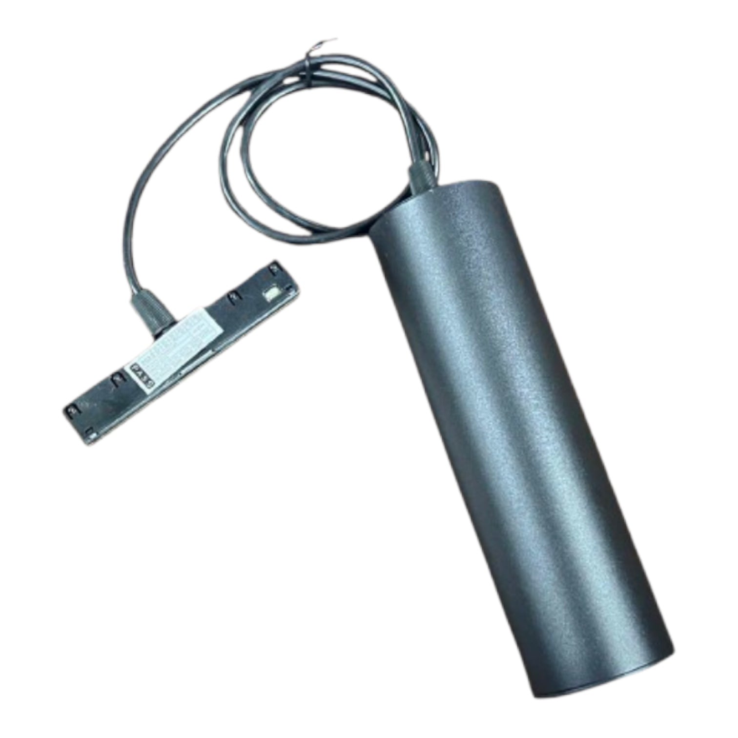 A dark gray cylindrical electronic sensor or receiver with a connected cable and small rectangular connector, shown on a plain white background.