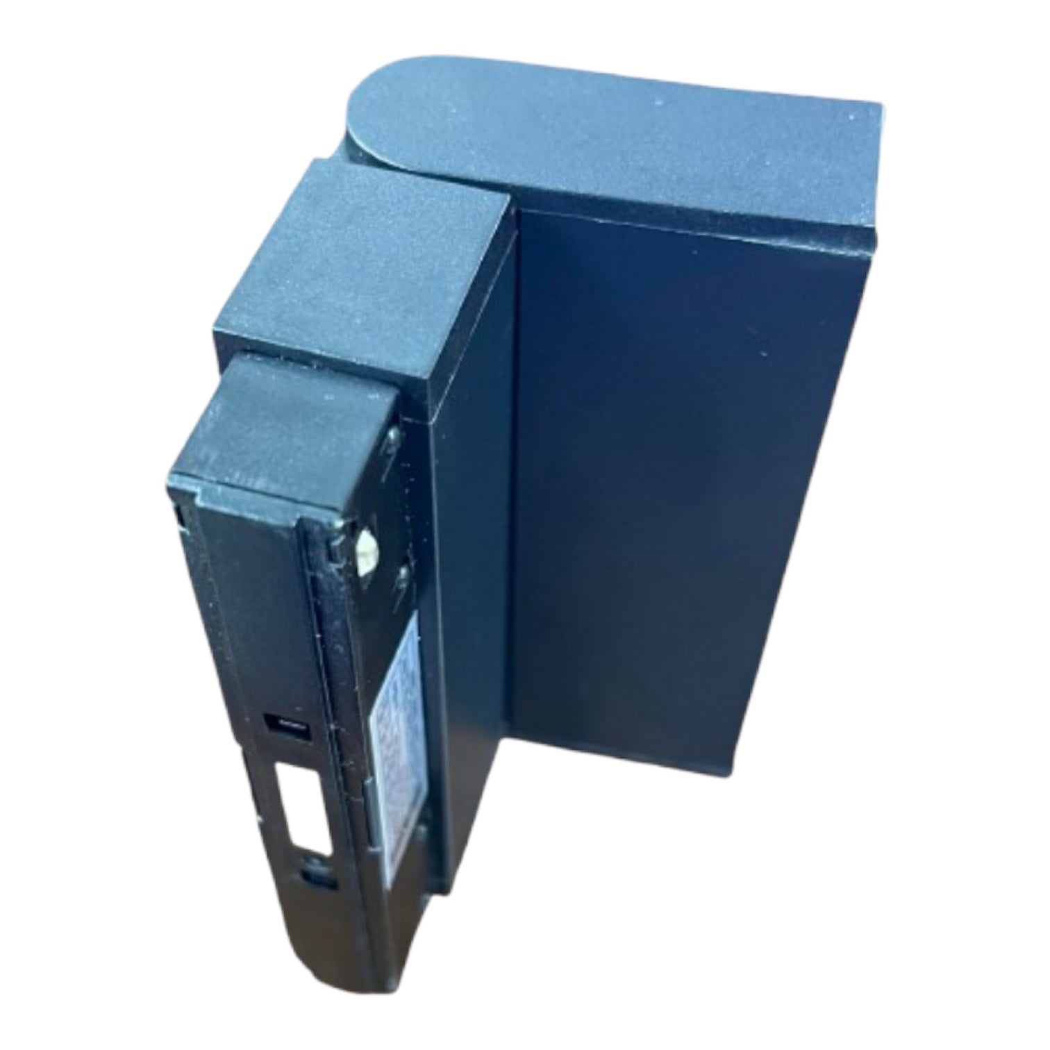 A dark blue-gray metal L-bracket hinge component, likely for a door or window, shown from an angled perspective against a plain white background.