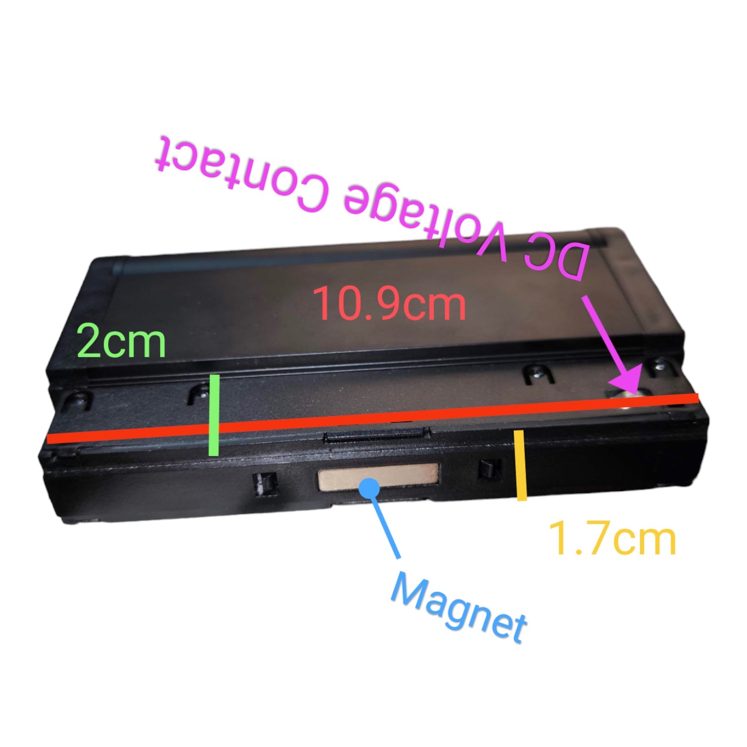 A black rectangular electronic component or battery-like device shown on a white background with overlaid measurement labels and arrows indicating dimensions: 10.9 cm, 2 cm, 1.