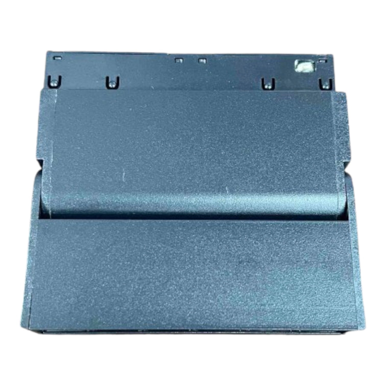 A dark gray textured metal panel or cover with a brushed finish, photographed from a top-down angle against a plain white background.