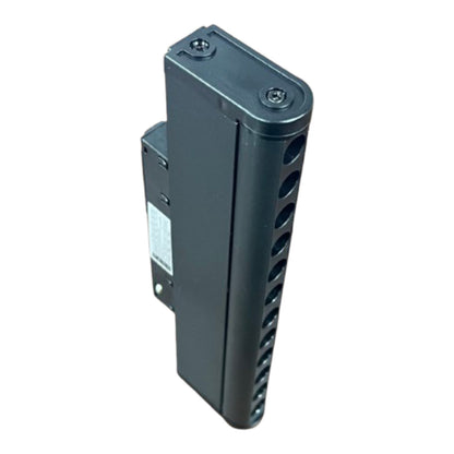 A black metal electronic component or terminal block with multiple screw terminals and ventilation holes, shown on a plain white background.