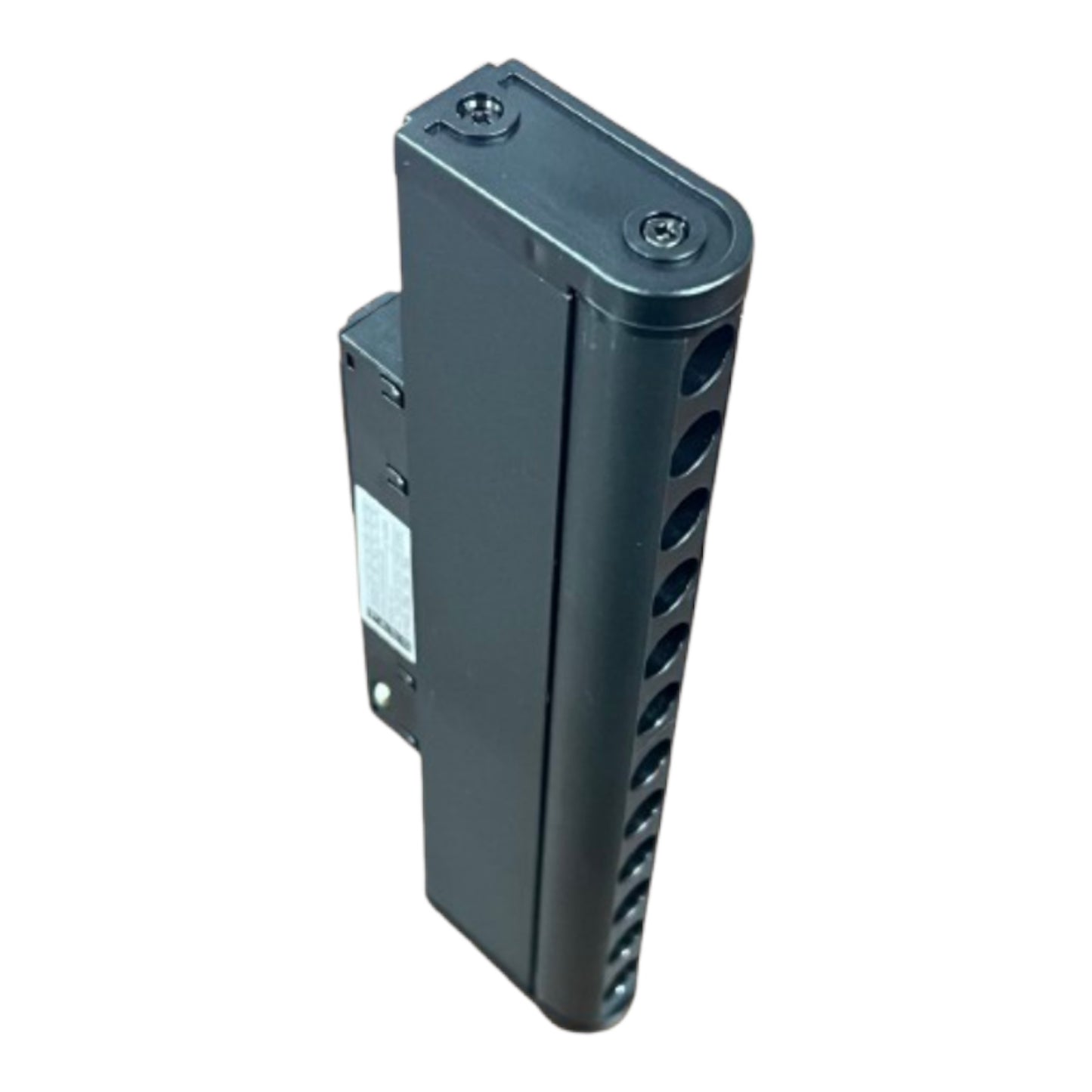 A black metal electronic component or terminal block with multiple screw terminals and ventilation holes, shown on a plain white background.