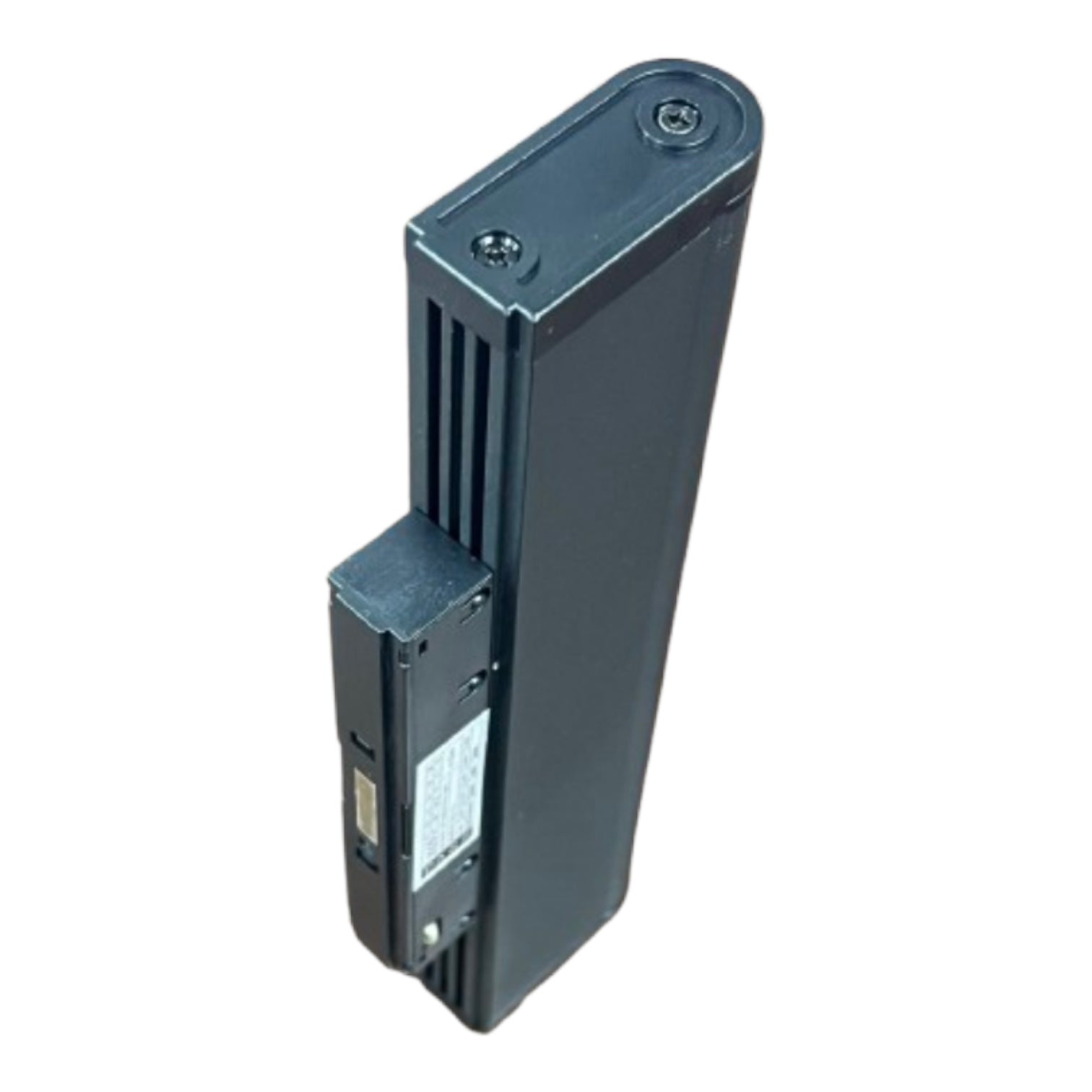 A black rectangular electronic device with a ribbed side panel and a smaller attached module, photographed on a plain white background.