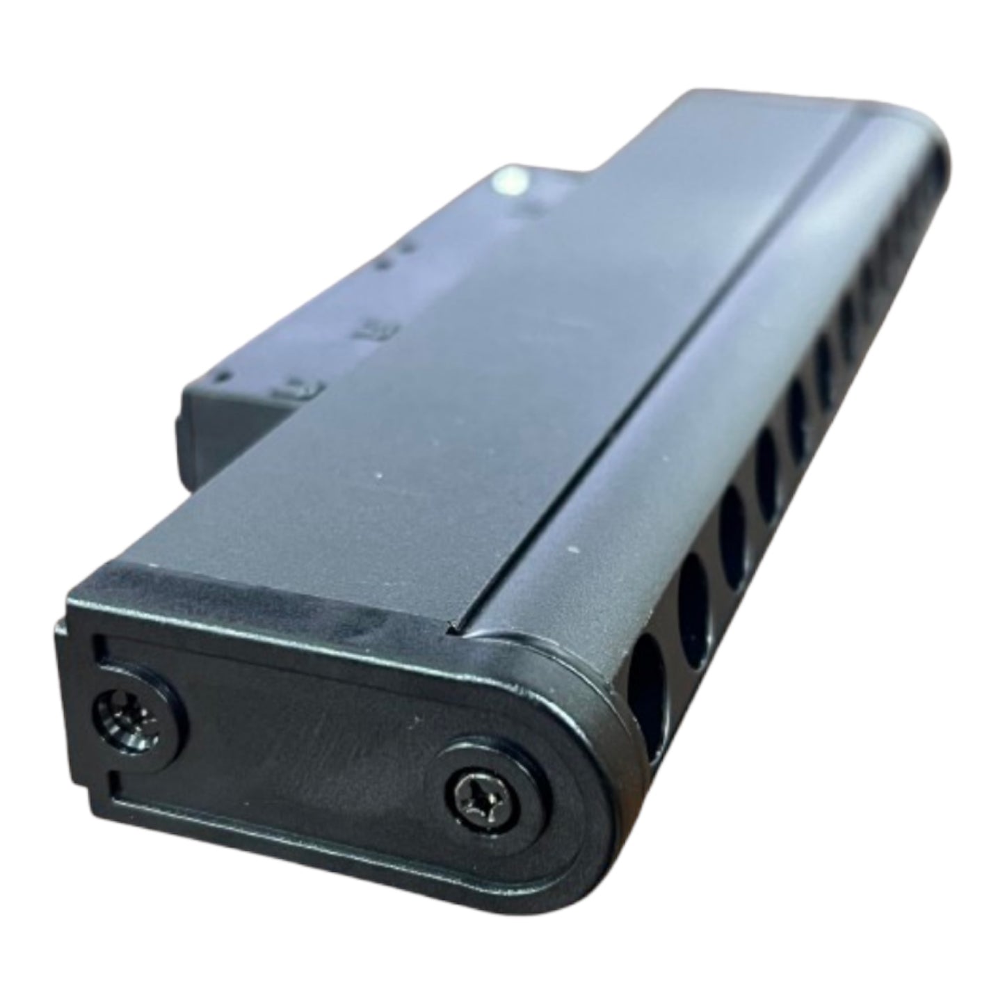 A black plastic multi-port power adapter or splitter with multiple circular ports on one end and a series of ventilation slots on the other, shown on a plain white background.