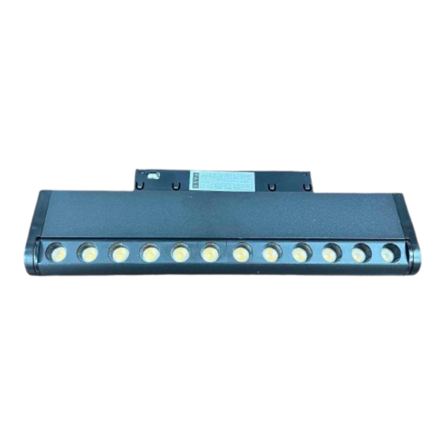 A long, rectangular black metal light fixture or lamp bar with multiple circular bulb sockets along the front, photographed on a plain white background.