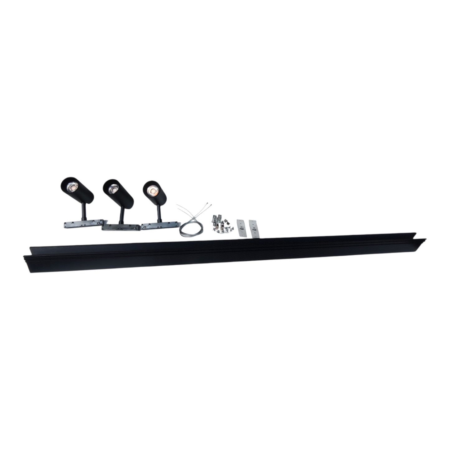 A track lighting kit with three adjustable black spotlight heads, mounting hardware, and a long black metal channel, displayed on a solid white background.