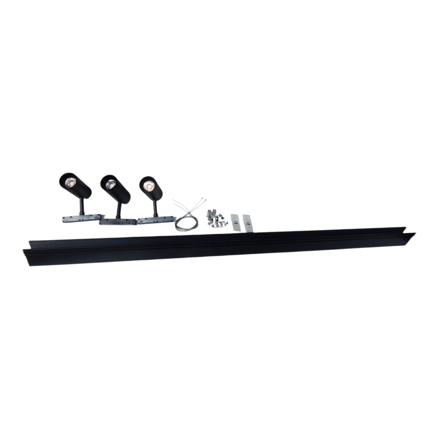A track lighting kit with three adjustable black spotlight heads, mounting hardware, and a long black metal channel, displayed on a solid white background.
