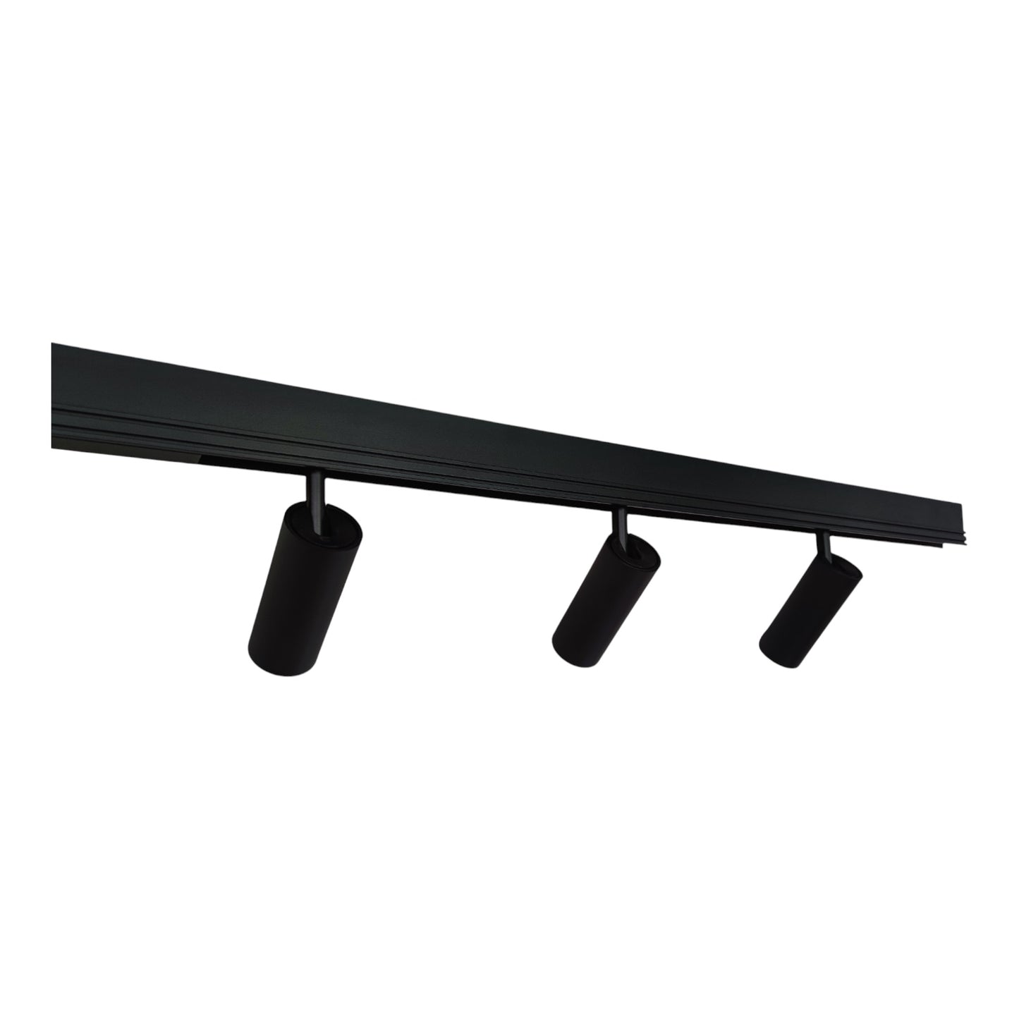 A modern three-light linear track ceiling fixture in matte black, featuring three adjustable cylindrical spotlight heads, shown against a plain white background.