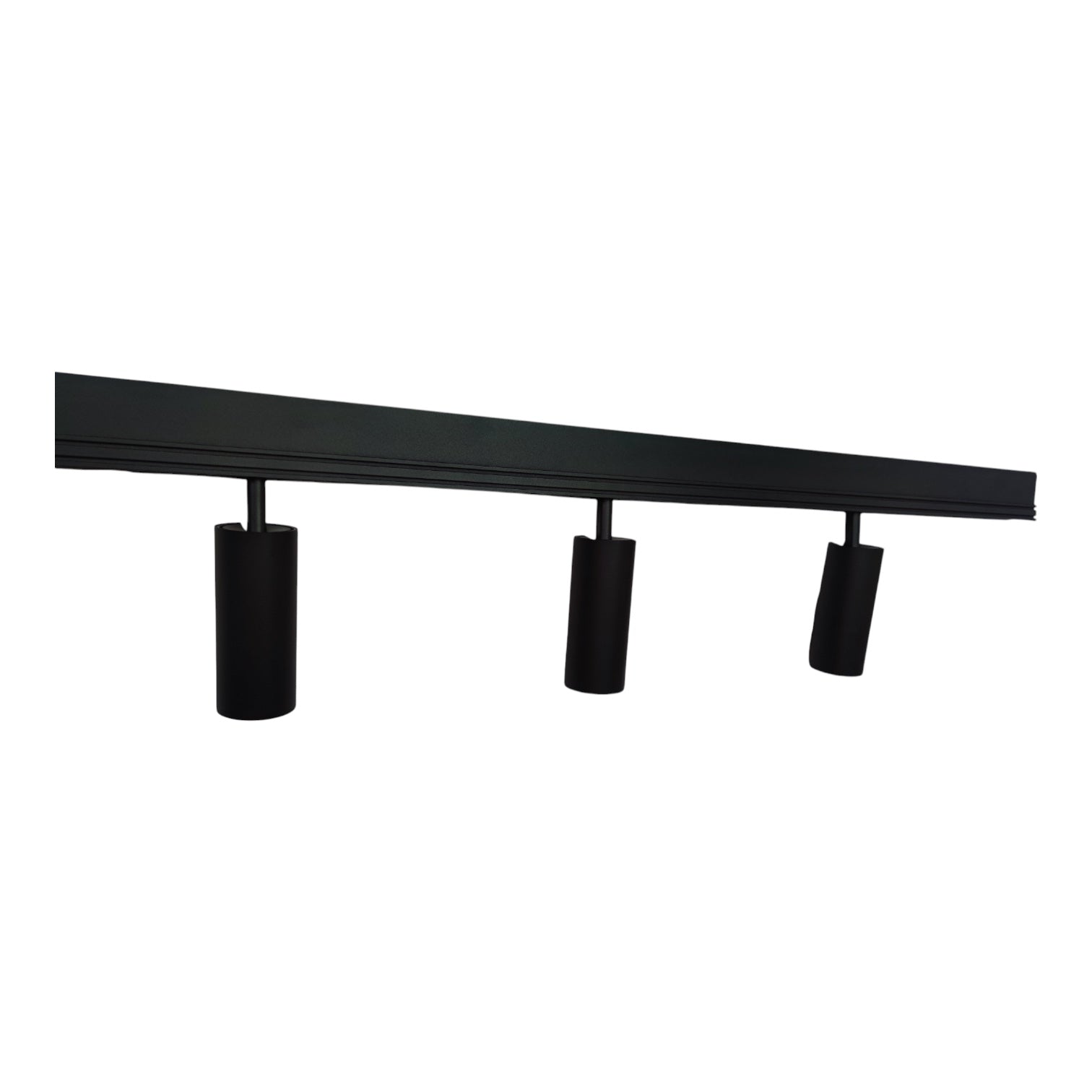 A modern black linear ceiling track light fixture with three adjustable cylindrical spotlight heads, shown against a plain white background.