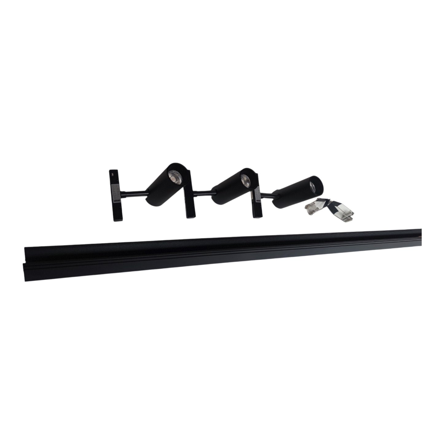 A black linear track lighting kit with three adjustable spotlight heads mounted on a long horizontal track, shown against a plain white background.