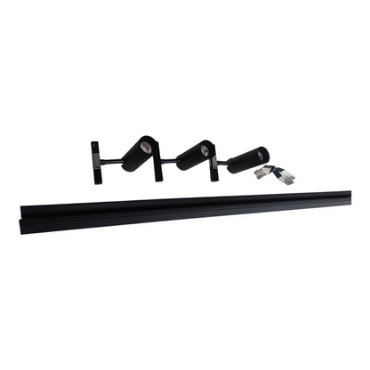A black linear track lighting kit with three adjustable spotlight heads mounted on a long horizontal track, shown against a plain white background.