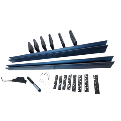 A set of dark blue metal mounting brackets and hardware pieces arranged on a plain white background, including long rails, bracket sections, screws, and a small hand tool.