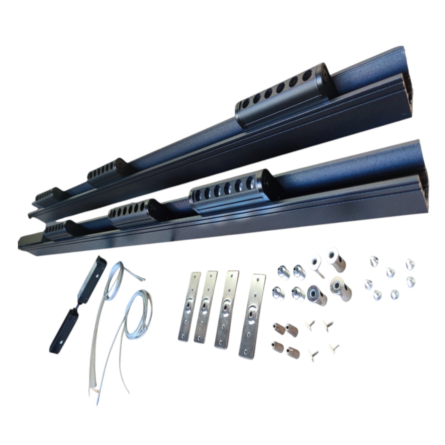 A set of long black metal mounting rails or tracks shown on a white background, with several silver hardware pieces, brackets, screws, and wiring components arranged below them.
