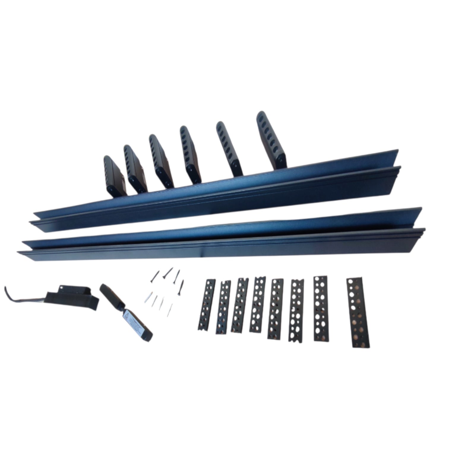 A set of dark blue metal mounting brackets and hardware pieces arranged on a plain white background, including long rails, bracket sections, screws, and a small hand tool.
