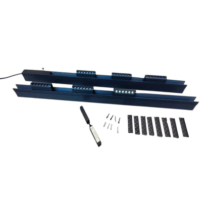A set of dark blue metal LED light bars with mounting brackets, screws, and a small cleaning tool, displayed on a plain white background.